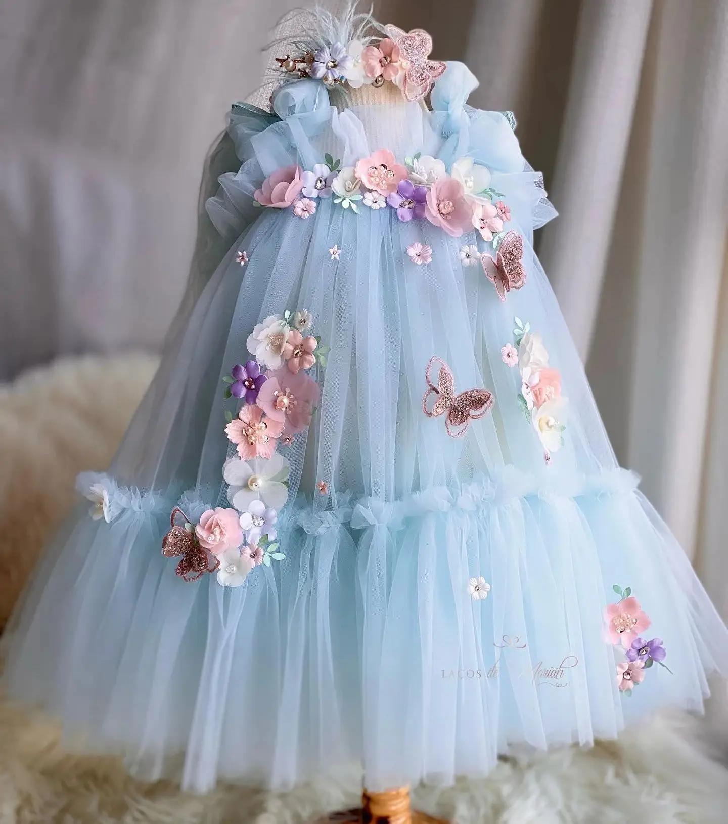 Lovely Sky Blue Flower Girl Dresses For Wedding Butterfly A Line Floral Lolita Toddler Pageant Gowns Kids Birthday D